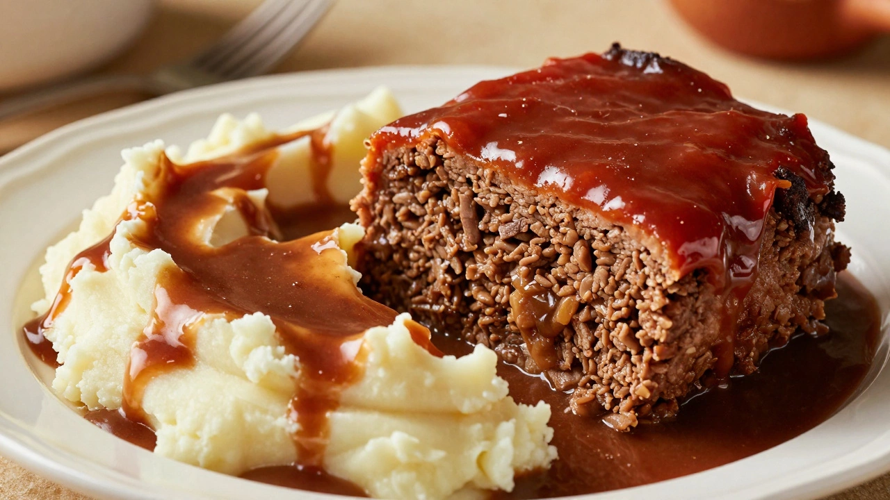 Sliced meatloaf with mashed potatoes and gravy