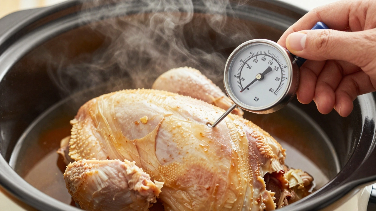 Thermometer checking internal temperature of cooked meat in a slow cooker for food safety.