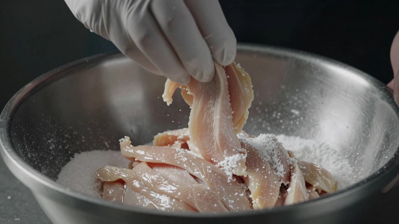 Thinly sliced chicken being marinated with baking soda for velveting technique.