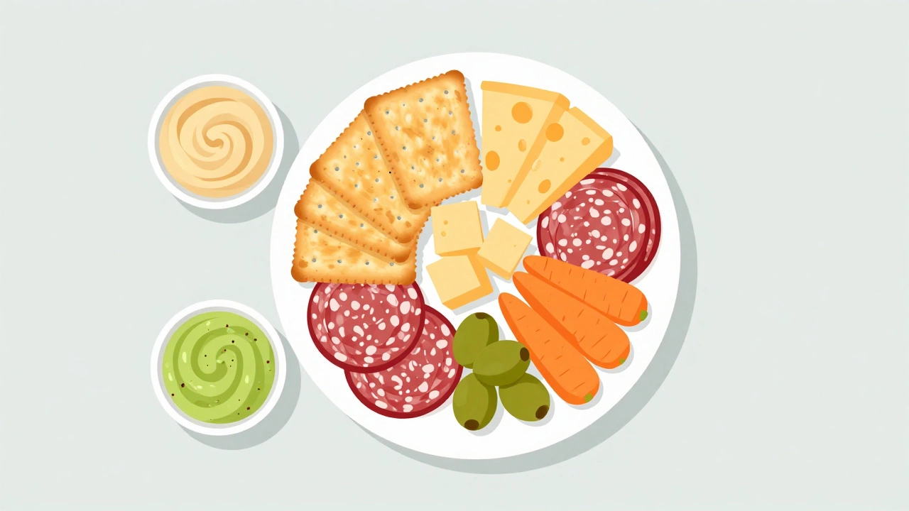 Top-down view of a healthy lunch plate with crackers, cheese, meat, and dips.