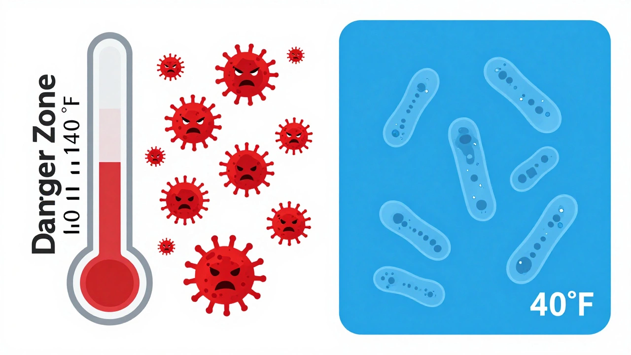 Visual metaphor of bacteria multiplying in the temperature danger zone versus safe refrigeration.