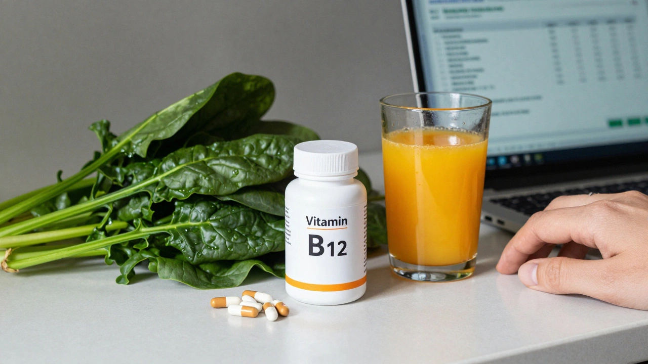 Vitamin B12 pills and vegetables on a kitchen counter