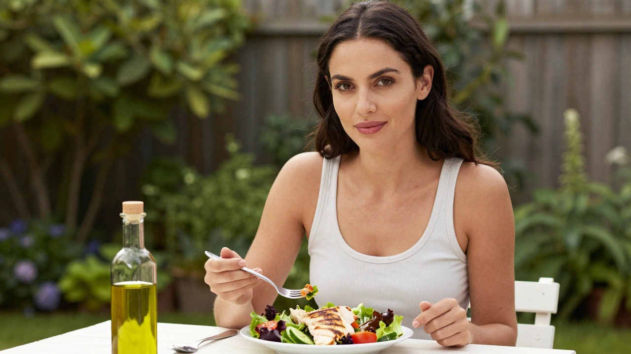 Woman enjoying a fresh chicken and vegetable salad lunch outdoors in natural light.