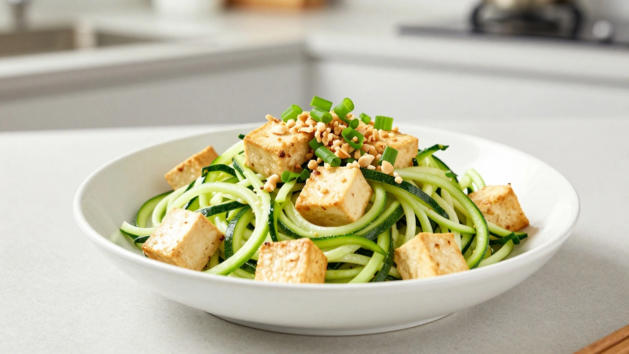 Zucchini noodle stir-fry with tofu and peanuts