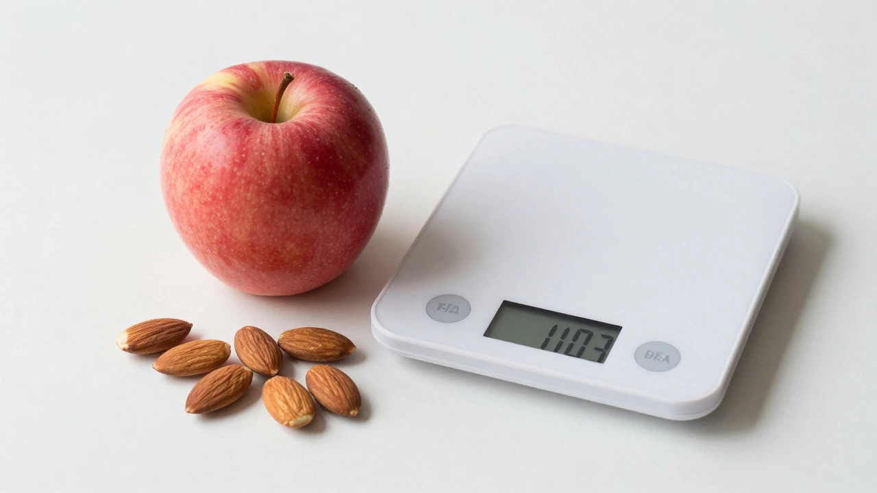 Apple, almonds, and food scale representing mindful portion control