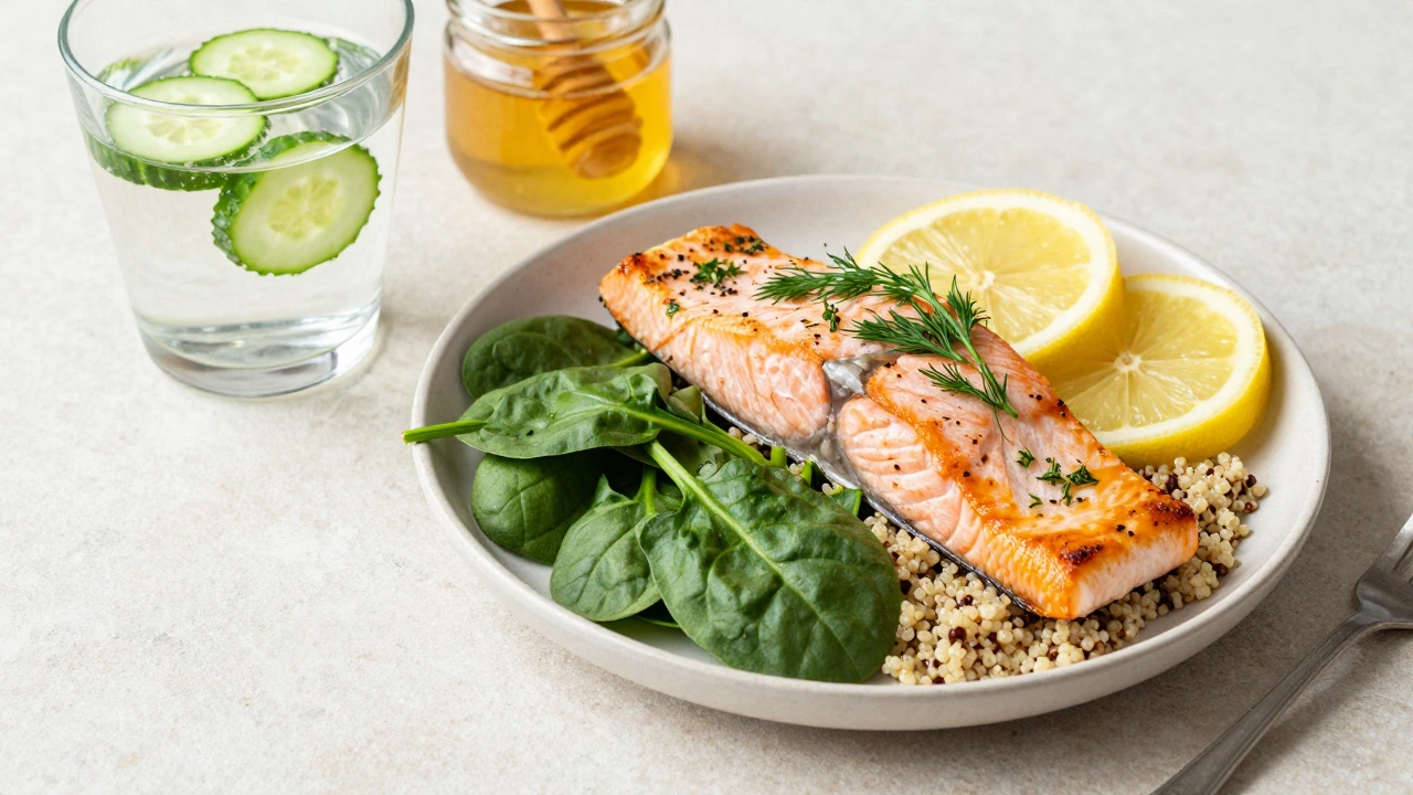 Baked salmon with spinach and quinoa served on a clean kitchen counter