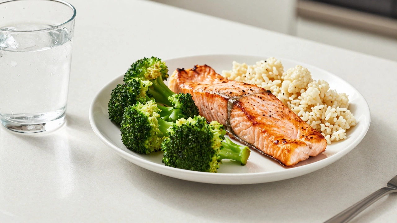 Balanced plate of salmon, vegetables, and water
