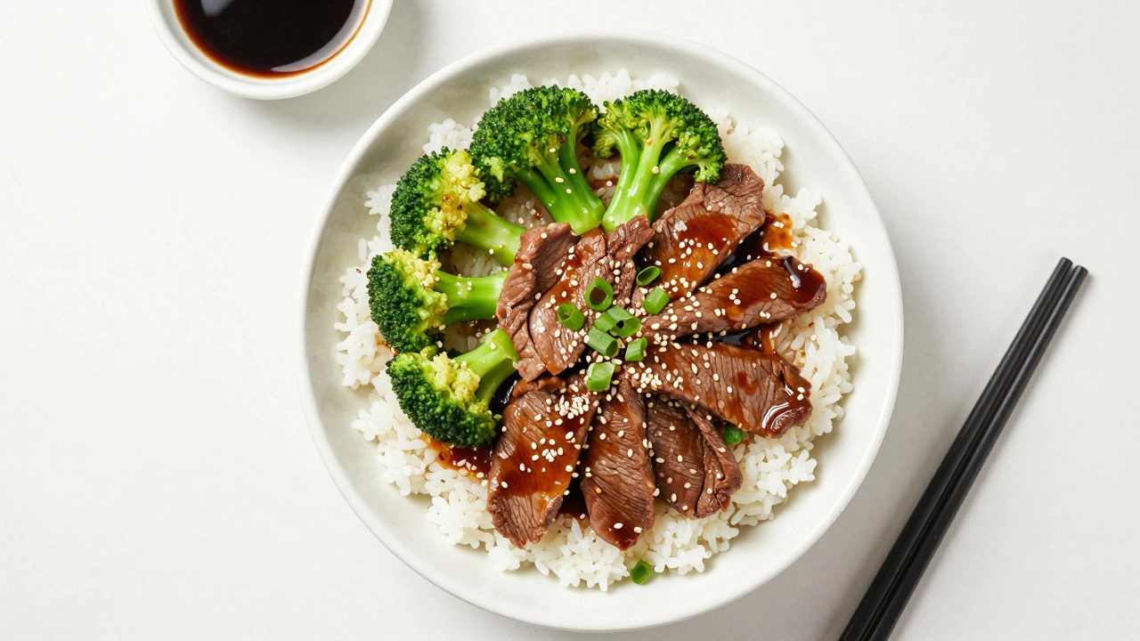 Beef and broccoli stir-fry over rice