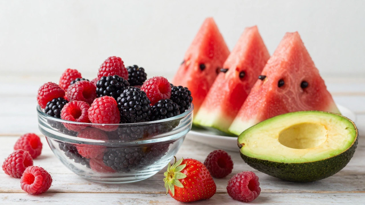 Bowl of berries, watermelon, and avocado as healthy weight loss snacks