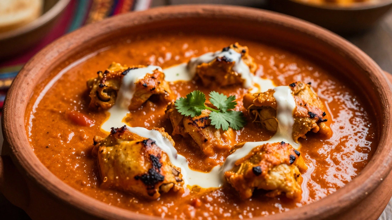 Close-up of creamy chicken tikka masala in a clay pot