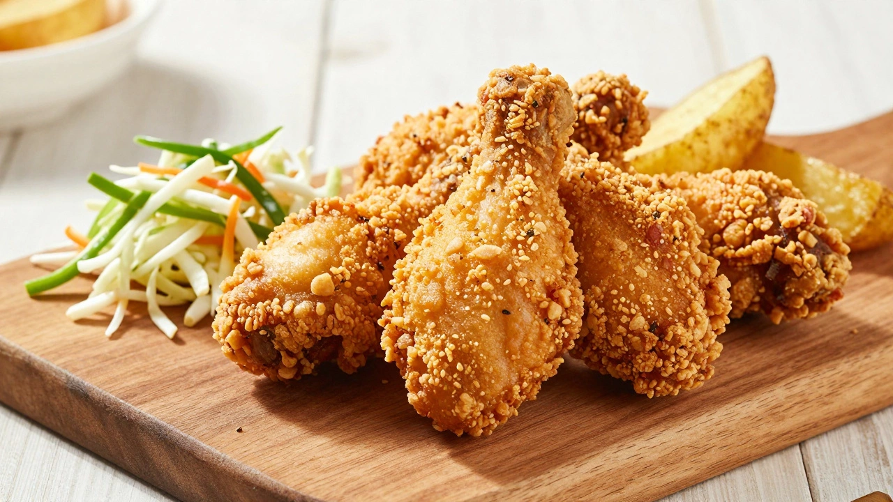 Crispy golden fried chicken pieces on a wooden board