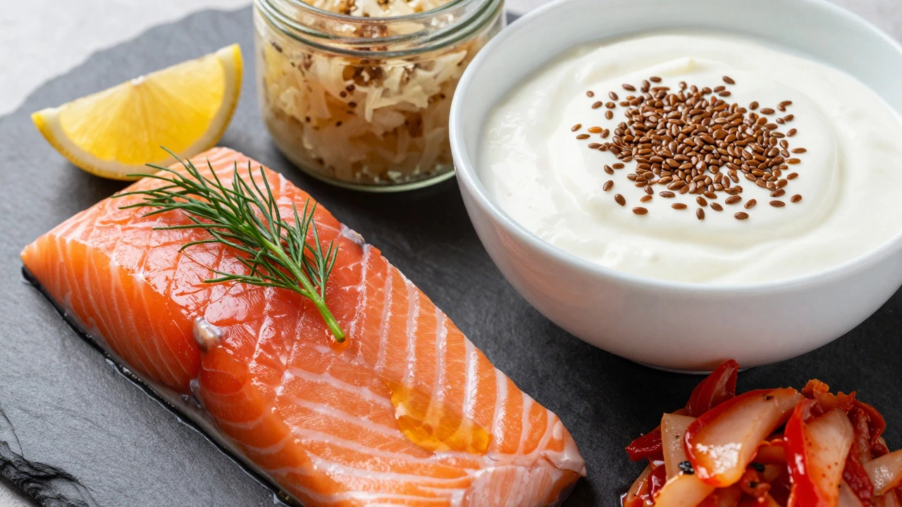 Fresh salmon, yogurt, and fermented vegetables on slate