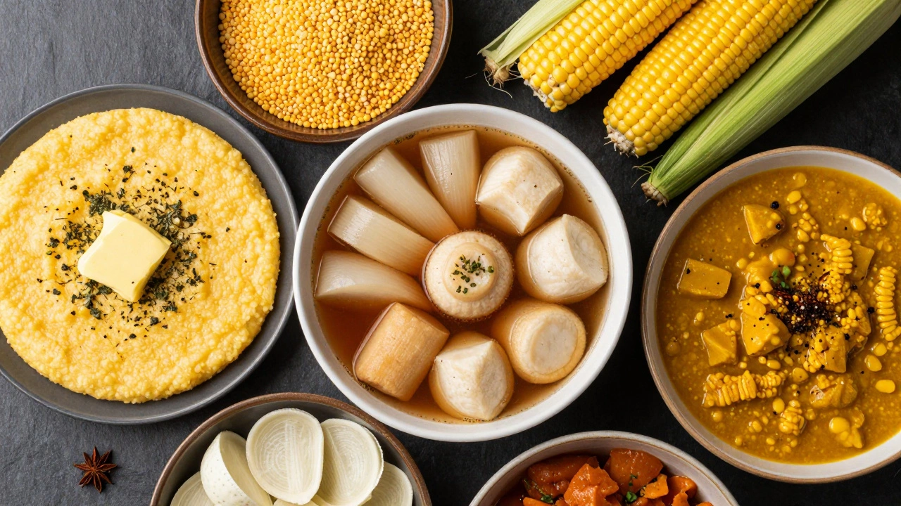 Global comfort foods including Oden, Polenta, and Dal arranged on slate