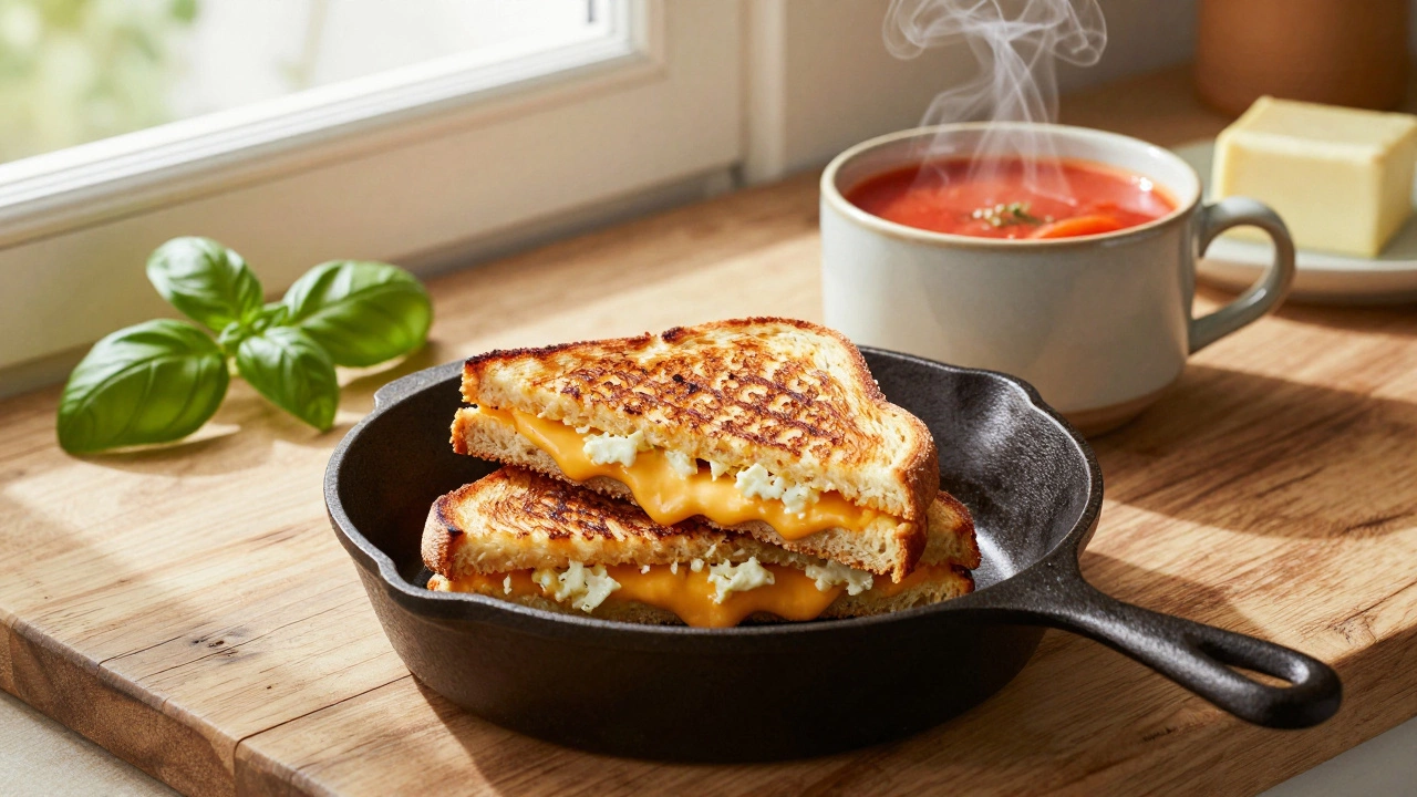 Golden grilled cheese sandwiches and tomato soup on a bright kitchen counter