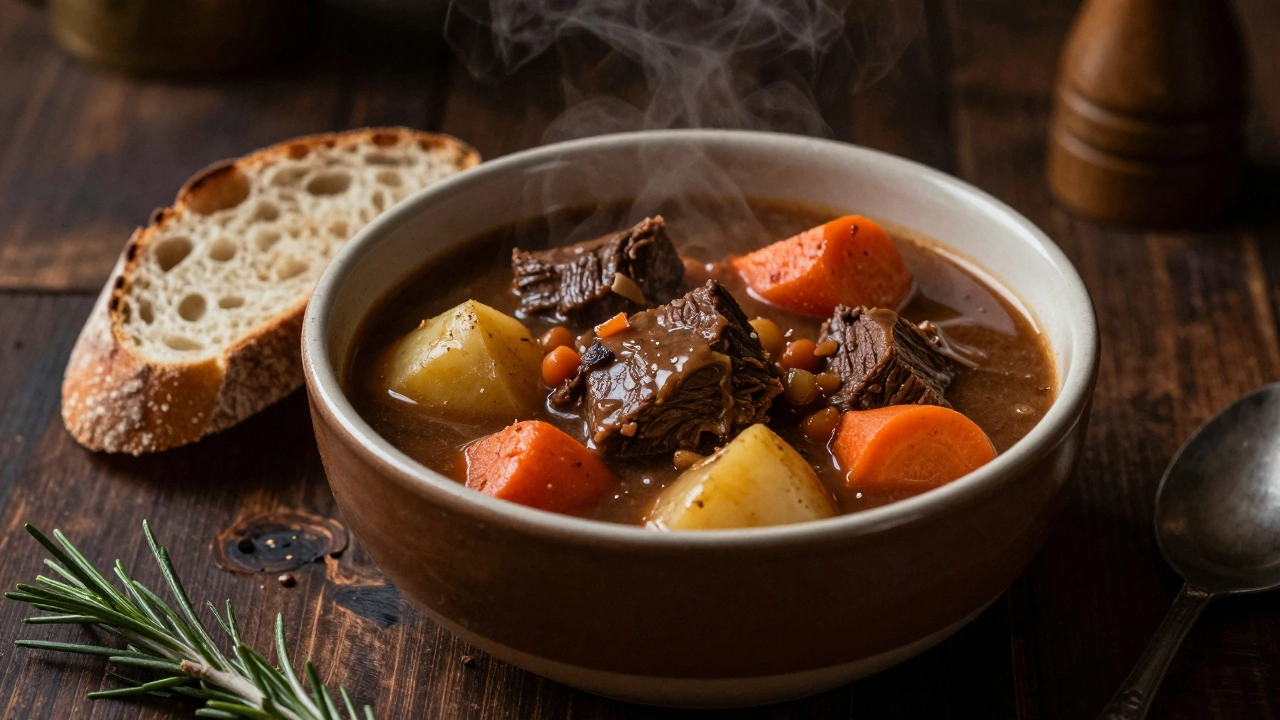 Hearty beef stew in a ceramic bowl with crusty bread on a rustic wooden table