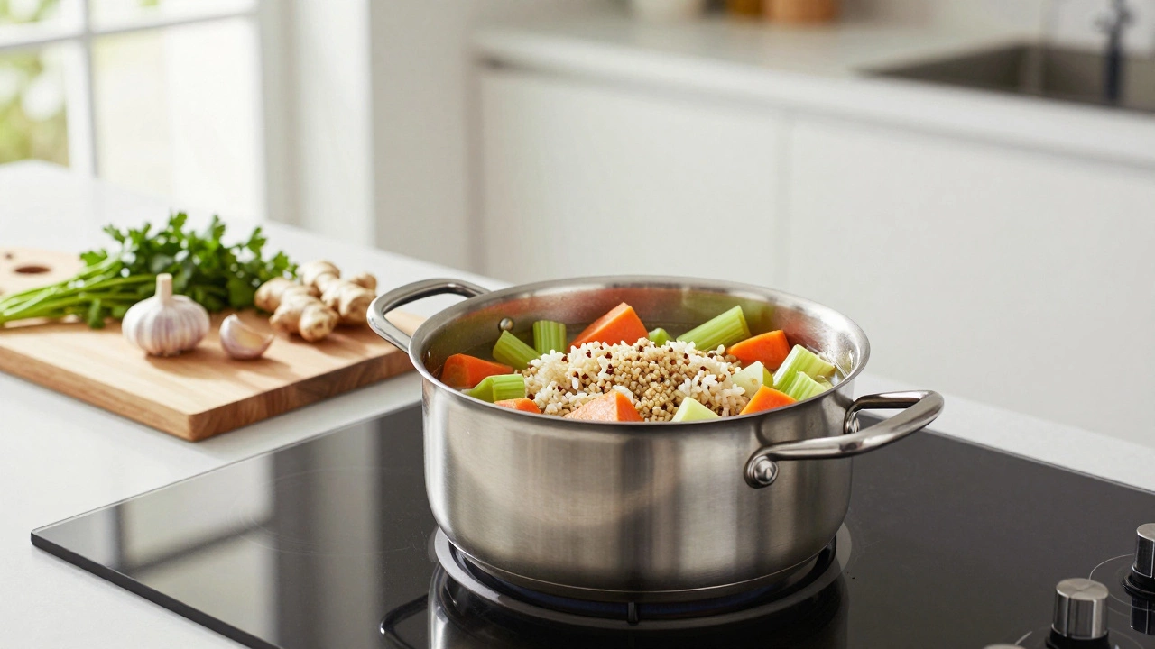 Home cook preparing healthy vegetable stew with whole grains and herbs