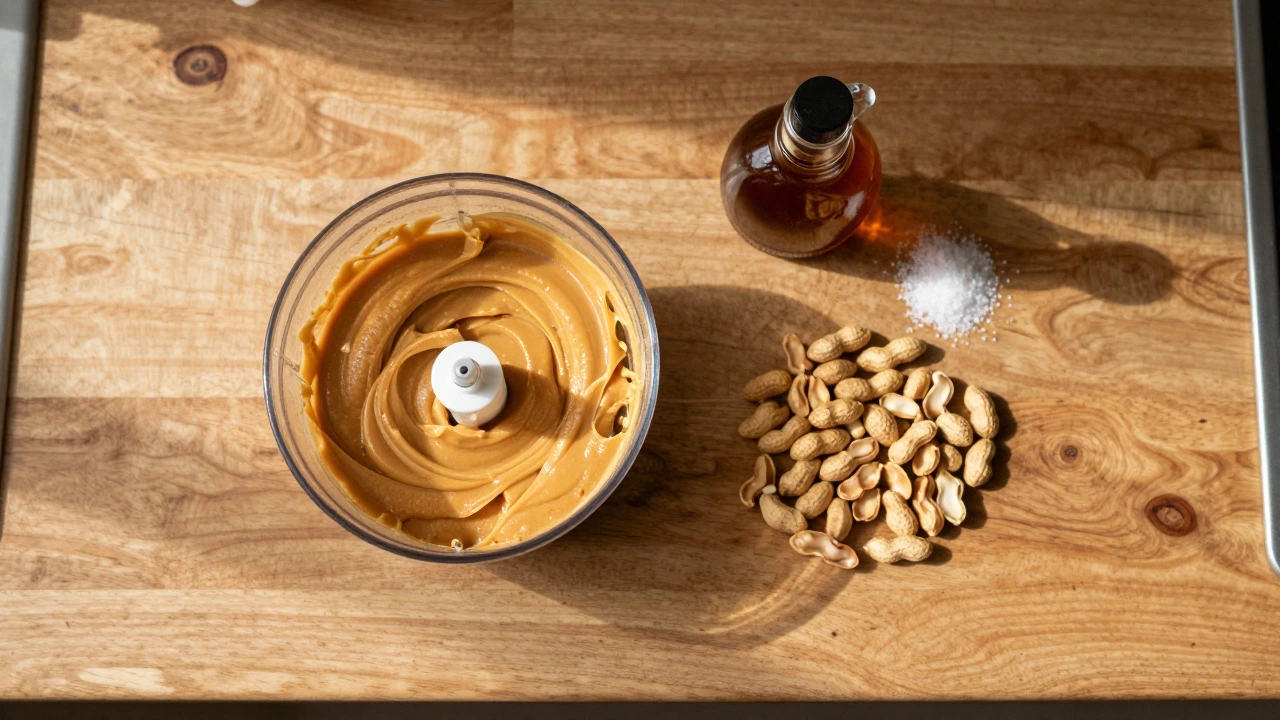 Homemade peanut butter and raw peanuts on rustic wooden table