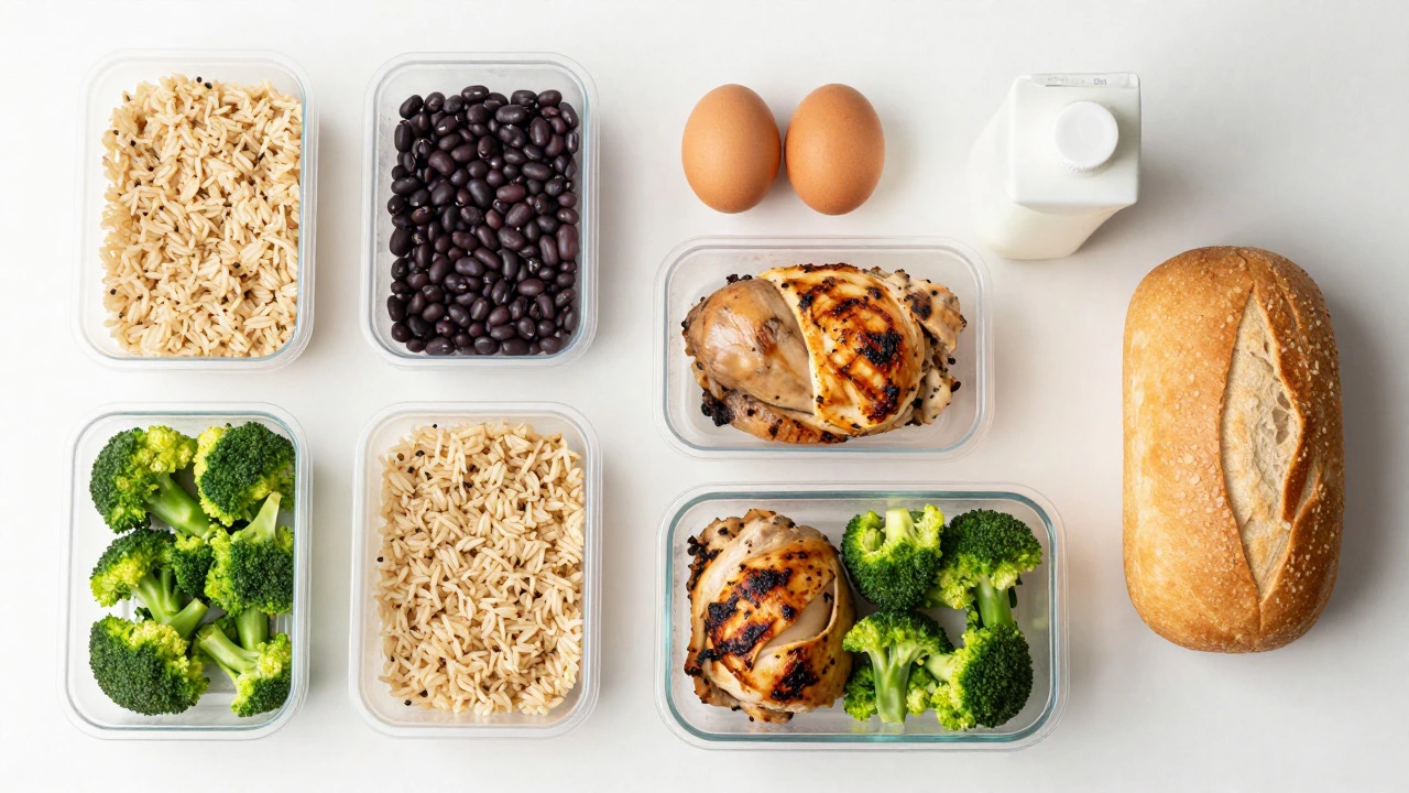 Overhead view of organized meal prep containers with rice, beans, and chicken