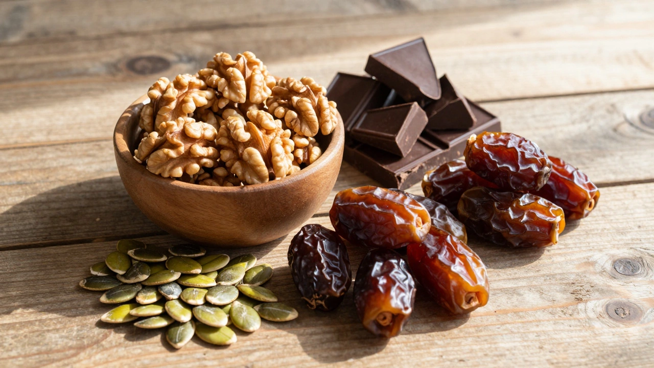 Raw walnuts, dark chocolate, and pumpkin seeds arranged on a wooden table