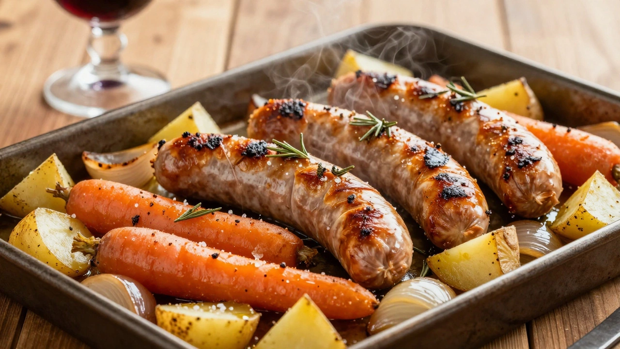 Sheet pan with roasted sausages and vegetables