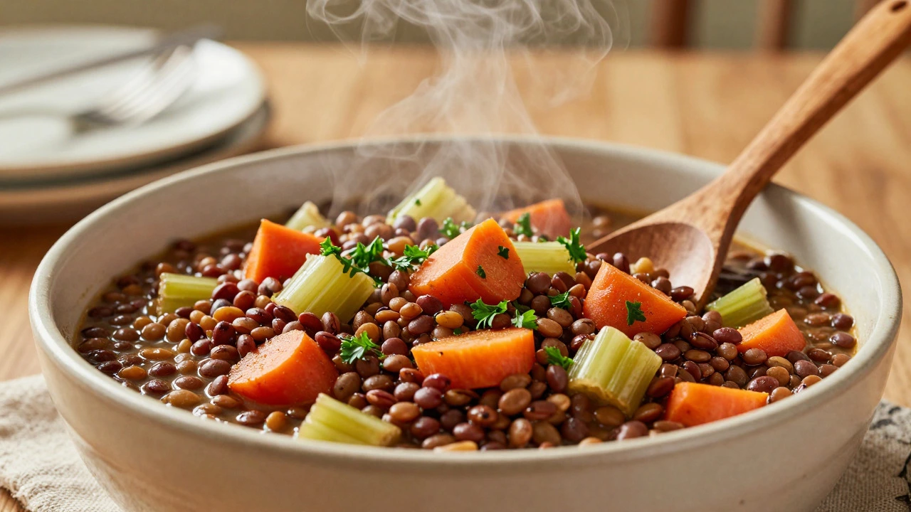 Steaming bowl of hearty lentil and vegetable stew on a dining table