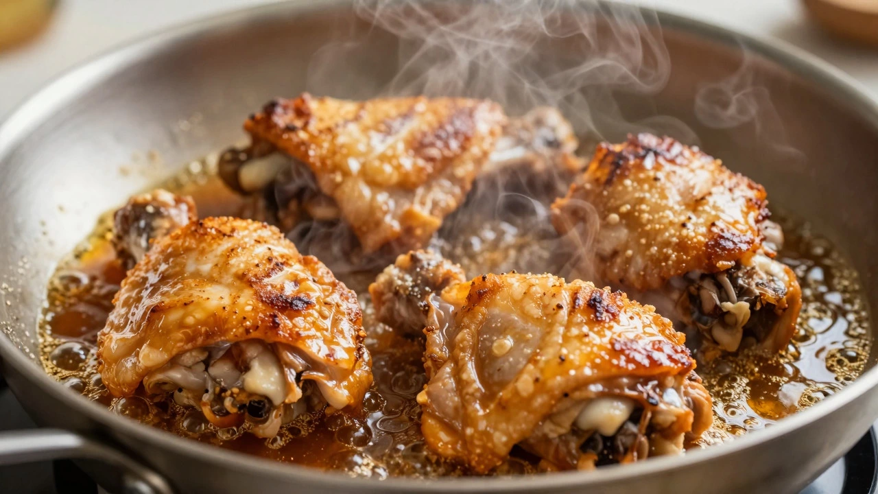 Chicken thighs searing in a pan with golden crust