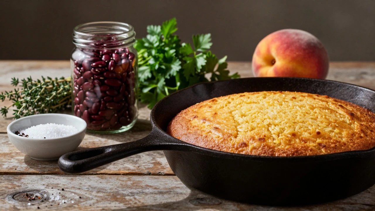 Close-up of cast-iron skillet with cornbread, fresh peaches, and cooking ingredients on a rustic surface