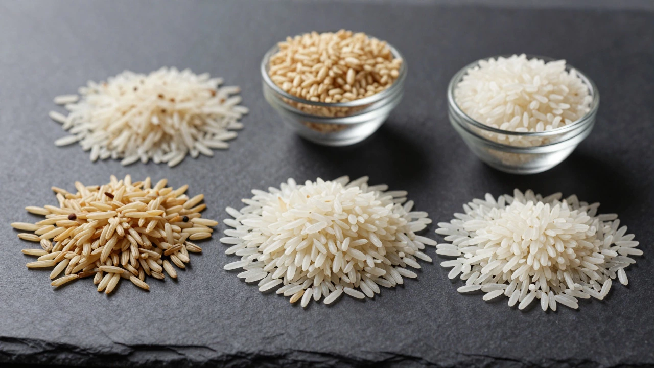 Close-up of different rice varieties including Basmati and Jasmine
