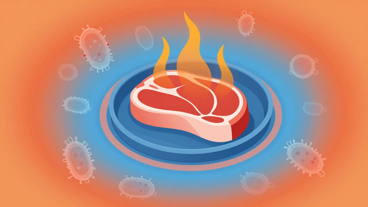 Conceptual art showing heat distribution and bacterial reduction in cooking meat