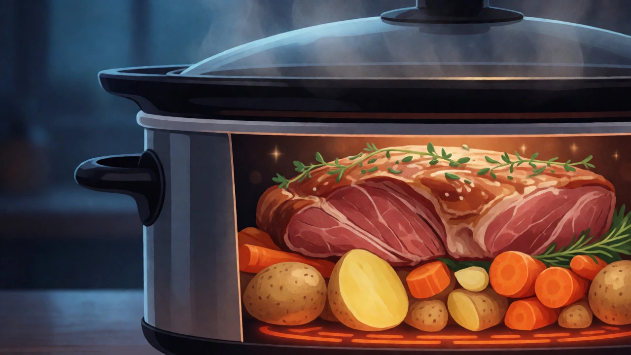 Cross-section view of a slow cooker showing root vegetables layered beneath meat during cooking.