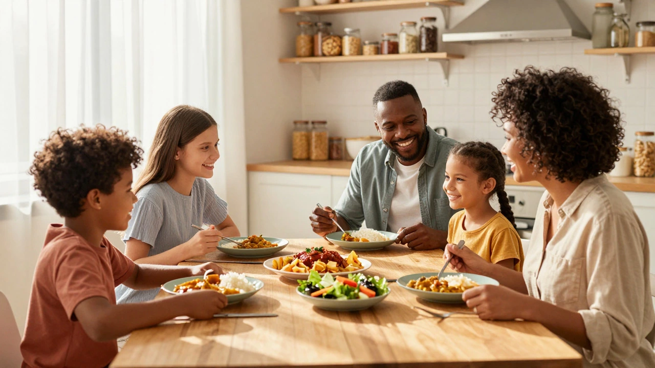 Family of four eating dinner together at a wooden table
