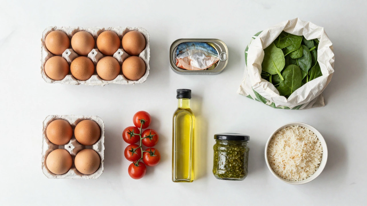 Flat lay of fast meal ingredients like eggs, tuna, and spinach on a counter