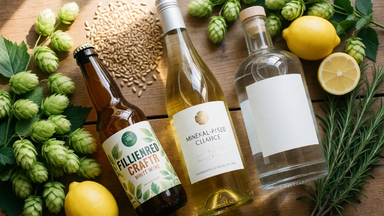 Flat lay of vegan wines, beers, spirits, and botanicals