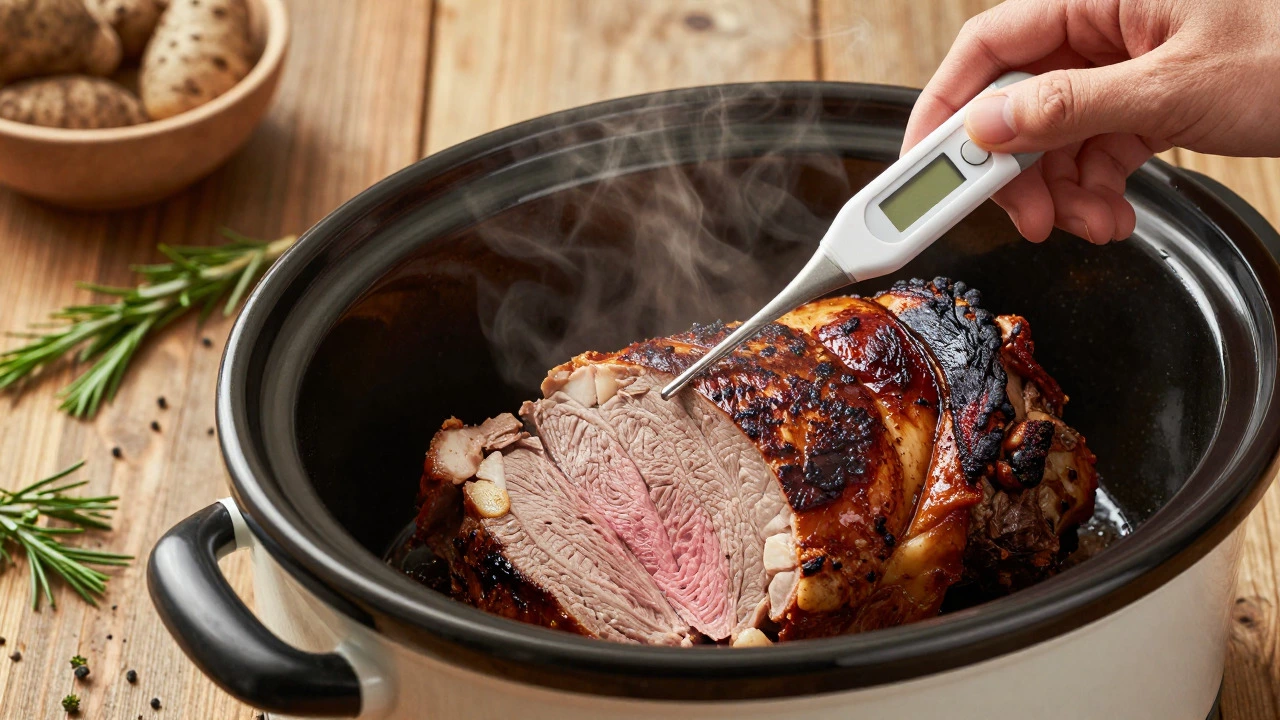 Hand using a digital thermometer to check the internal temperature of a cooked roast