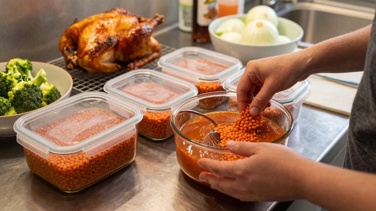 Hands portioning lentil soup into containers during meal prep