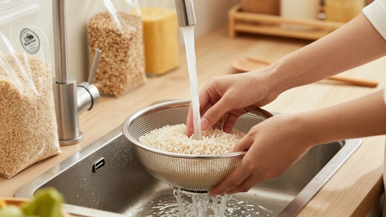 Hands rinsing rice in a colander in a clean kitchen with certified gluten-free packaging nearby