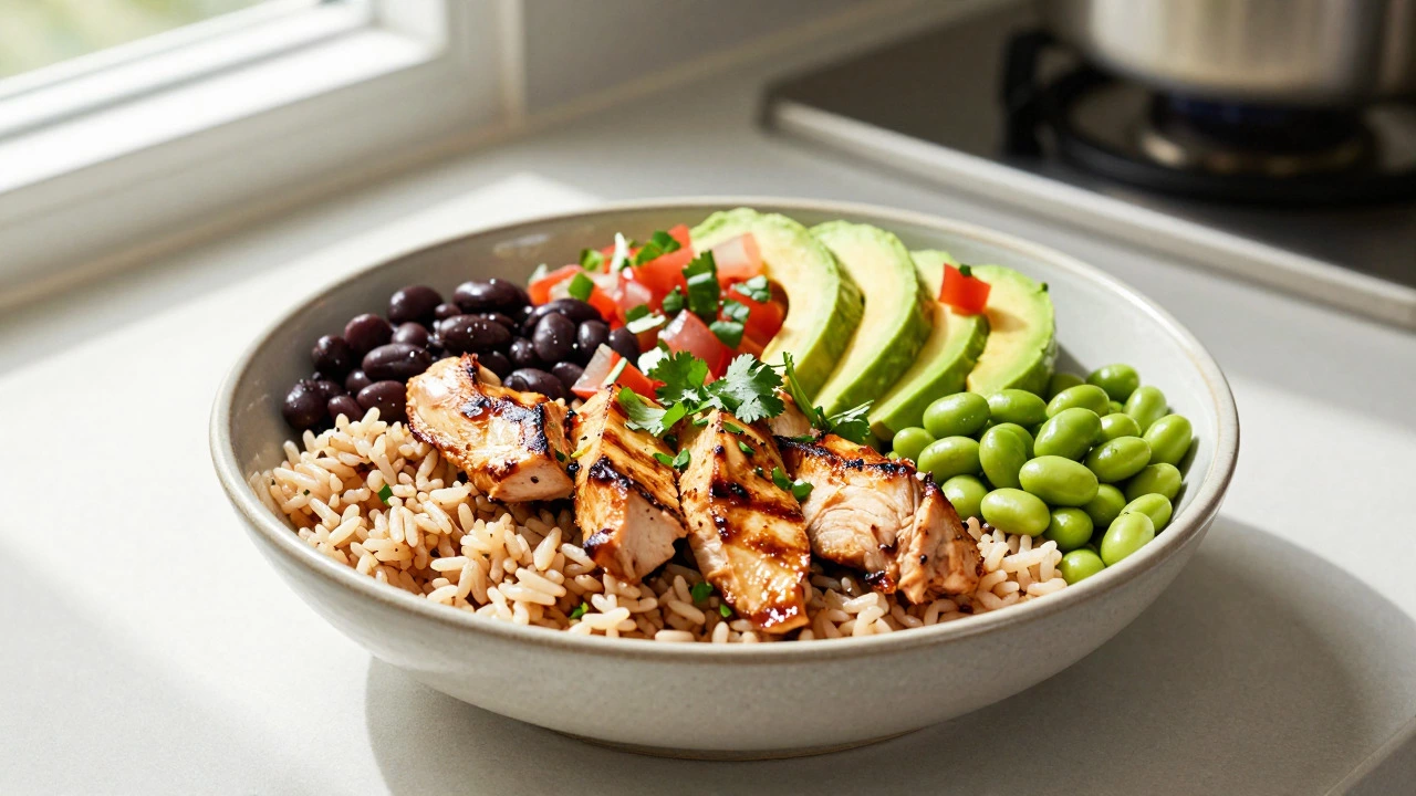 Healthy rice bowl with chicken, avocado, and vegetables