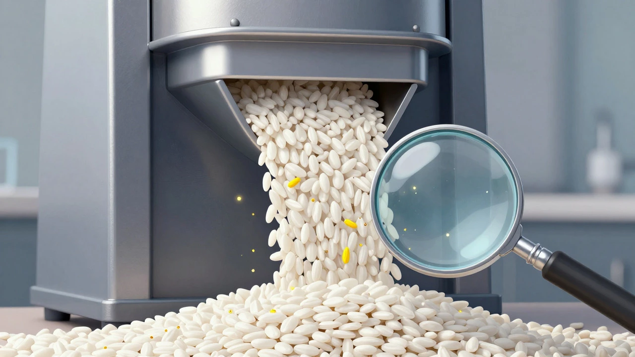 Illustration of rice flowing through a mill with microscopic wheat dust contamination visible