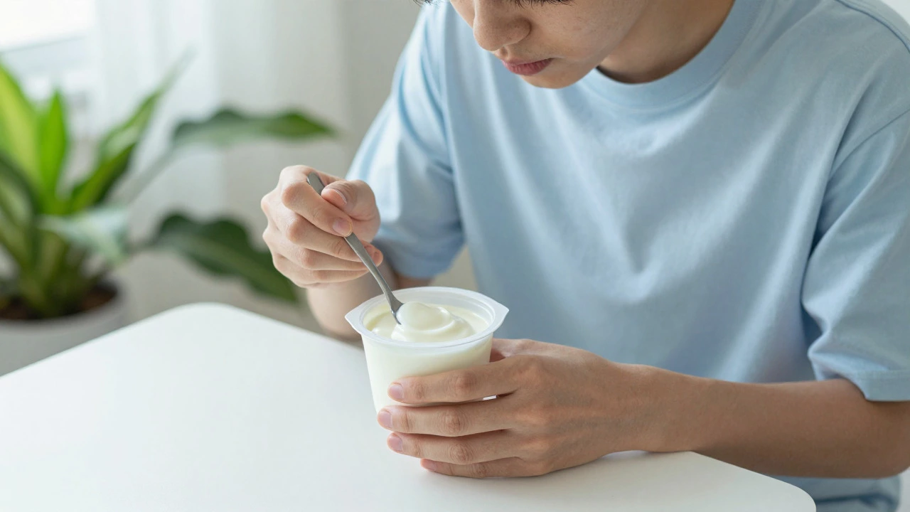 Person calmly sipping a smoothie from a small cup in a bright room