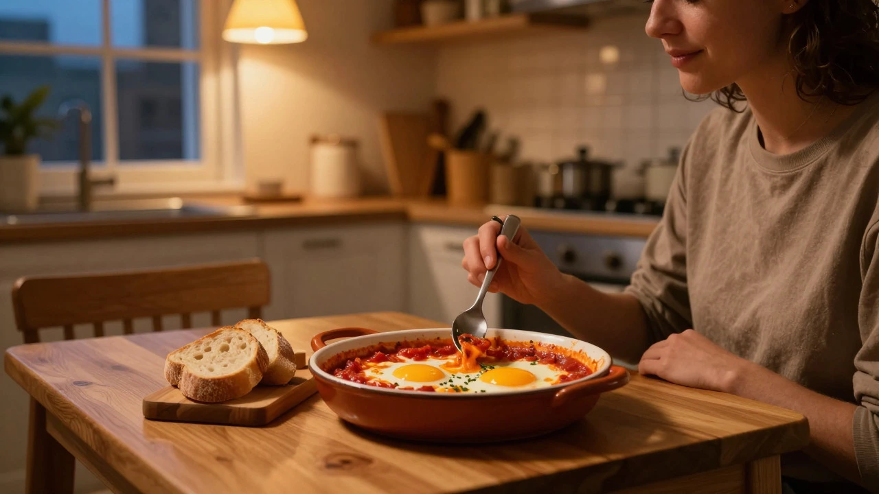 Person enjoying a plate of shakshuka in a cozy evening kitchen