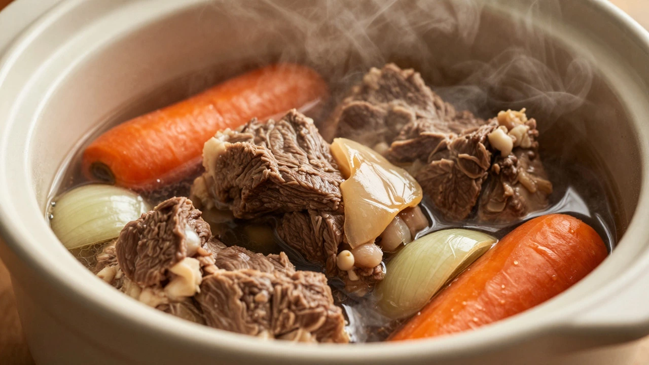 Raw beef and vegetables simmering in a ceramic slow cooker pot