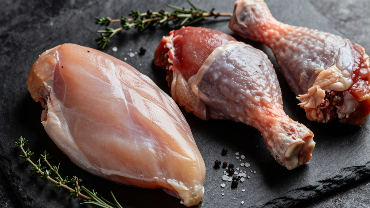 Raw chicken breasts and thighs arranged with herbs and spices on slate