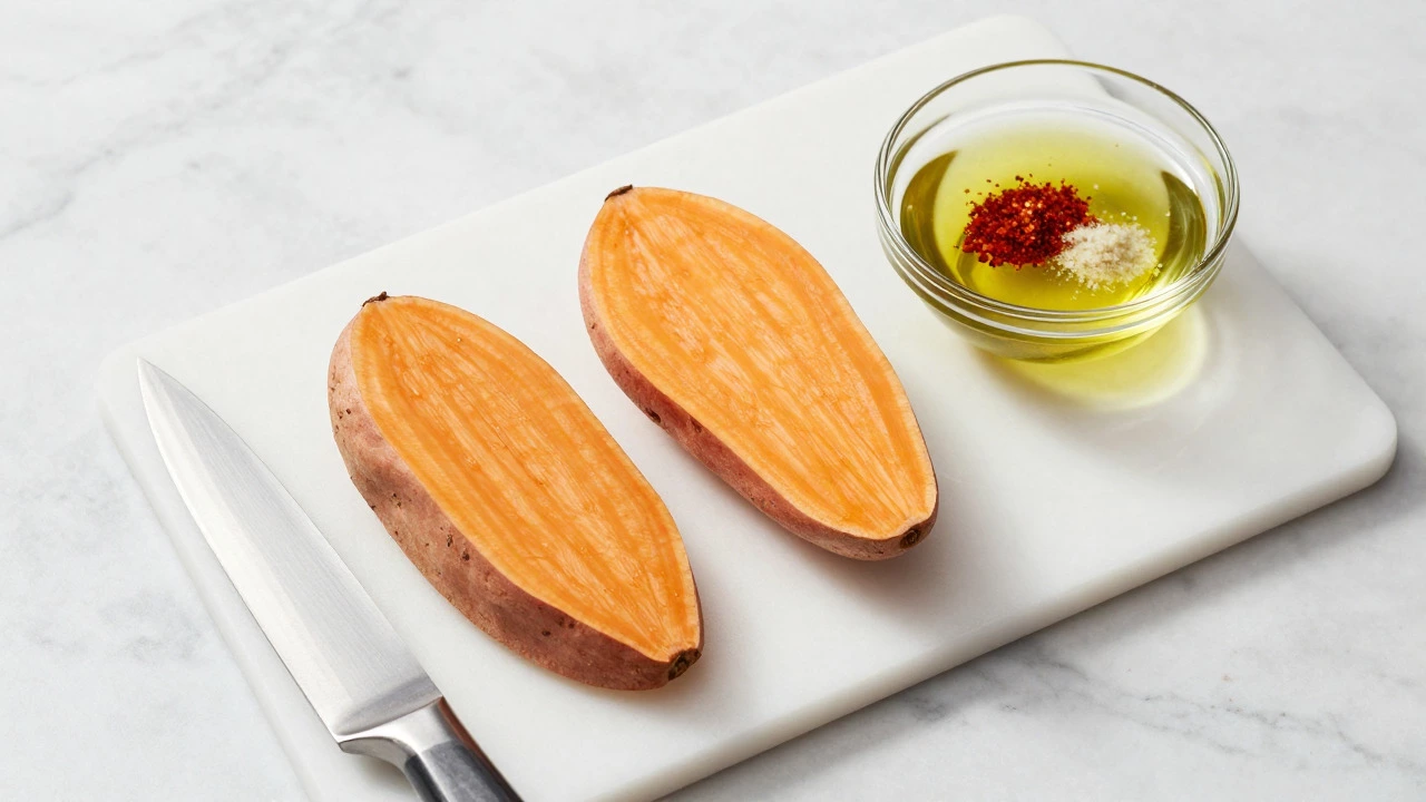 Raw sweet potato wedges and spices on a clean cutting board