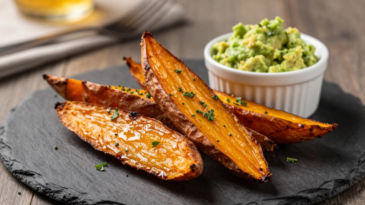 Roasted sweet potato wedges with guacamole on a slate plate