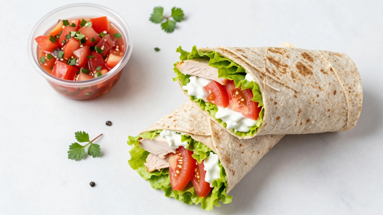 Sliced turkey wrap with lettuce and tomato on a marble surface