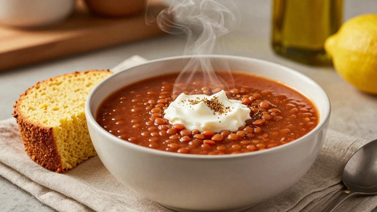 Steaming bowl of lentil soup with cornbread and sour cream