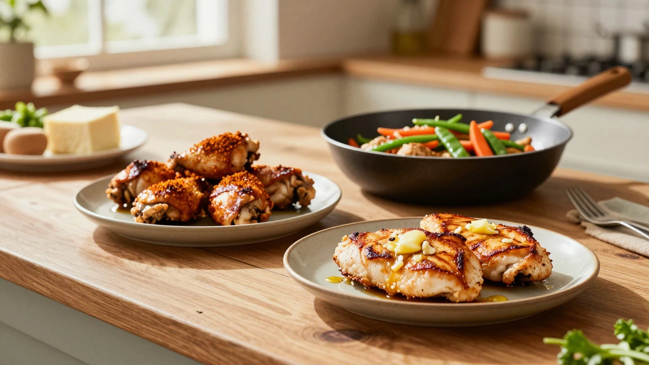 Three cooked chicken dishes: seared breast, baked thigh, and stir-fry