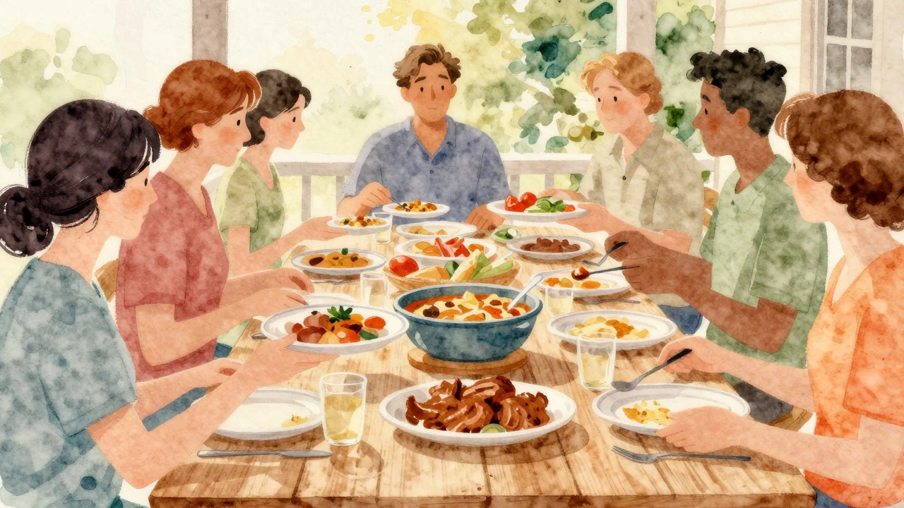 Watercolor painting of people sharing a meal at a long table, emphasizing community and warmth