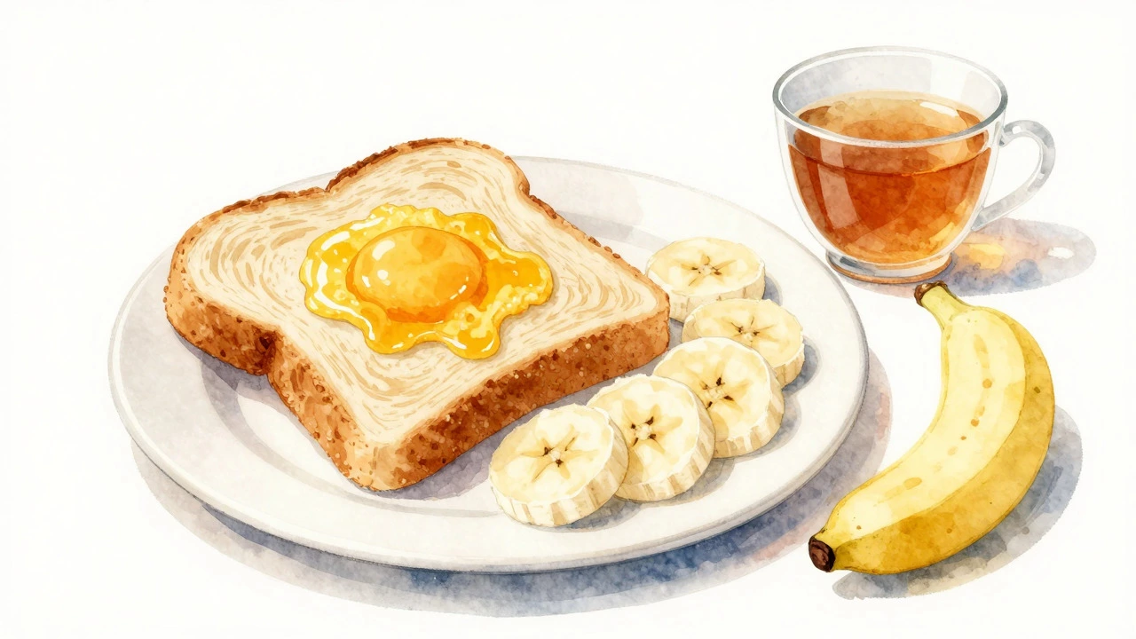 Watercolor painting of toast, honey, scrambled eggs, and banana slices