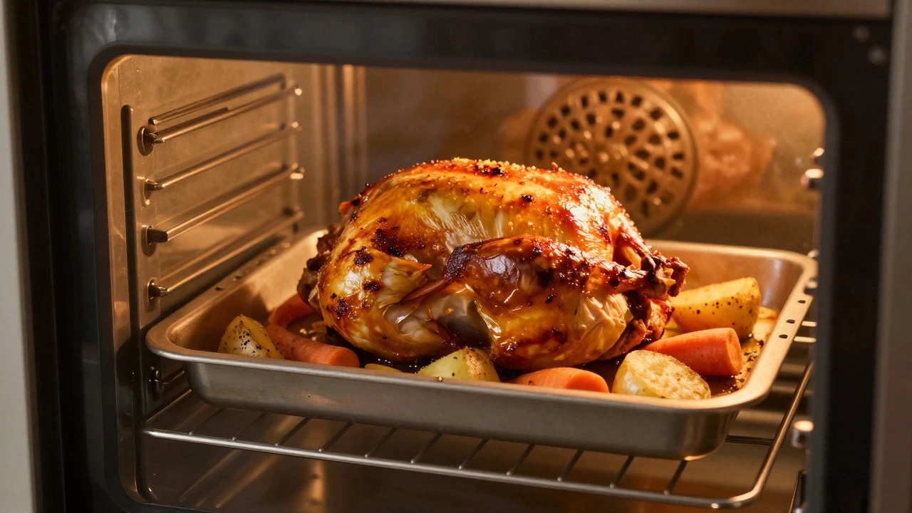 Whole roasted chicken cooking in an oven with vegetables